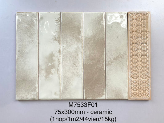 Gạch thẻ Trung Quốc, Trắng loang bóng lượn, KT 75x300 mm, M7533F01 (1 hộp/ 44 viên/ 0.99m2)