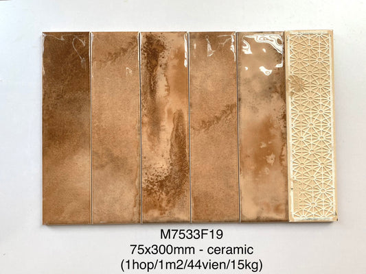 Gạch thẻ Trung Quốc, Vàng loang bóng lượn, KT 75x300 mm, M7533F19 (1 hộp/ 44 viên/ 0.99m2)