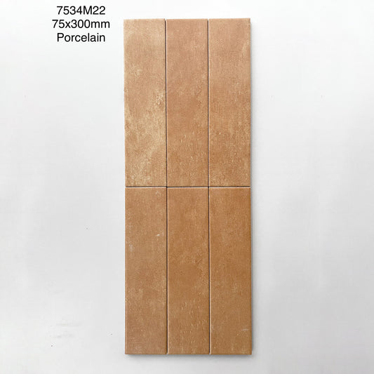 Gạch thẻ Trung Quốc, Cam loang mờ, KT 75x300 mm, MD7534M22, Hàng Porcelain (1 hộp/ 44 viên/ 0.99m2)