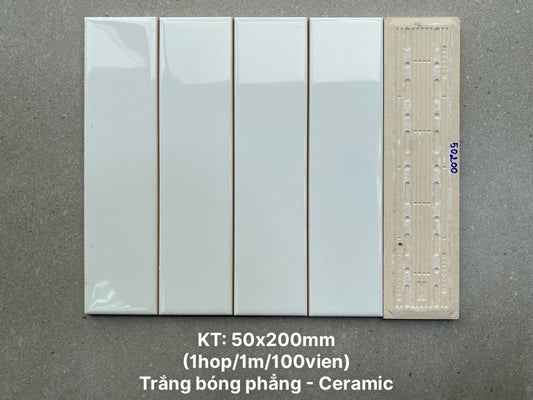Gạch thẻ Việt Nam, Trắng bóng phẳng, KT 50x200 mm, PSTA50200, Hàng Ưu (1 hộp/ 100 viên/ 1m2)