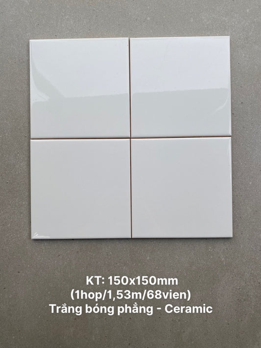 Gạch thẻ Việt Nam, Trắng bóng phẳng, KT 150x150 mm, STA150156_SA, Loại 1 (1 hộp/ 68 viên/ 1.53m2)